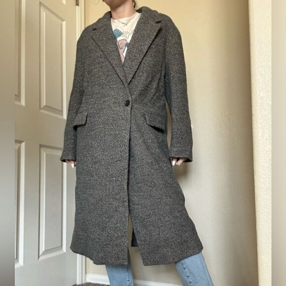 ZARA Tweed Boucle Wool Blend Oversized Coat Size Medium Grey Longline - Picture 2 of 12